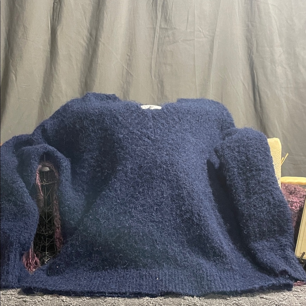 aerie Navy Fuzzy V-Neck Sweater